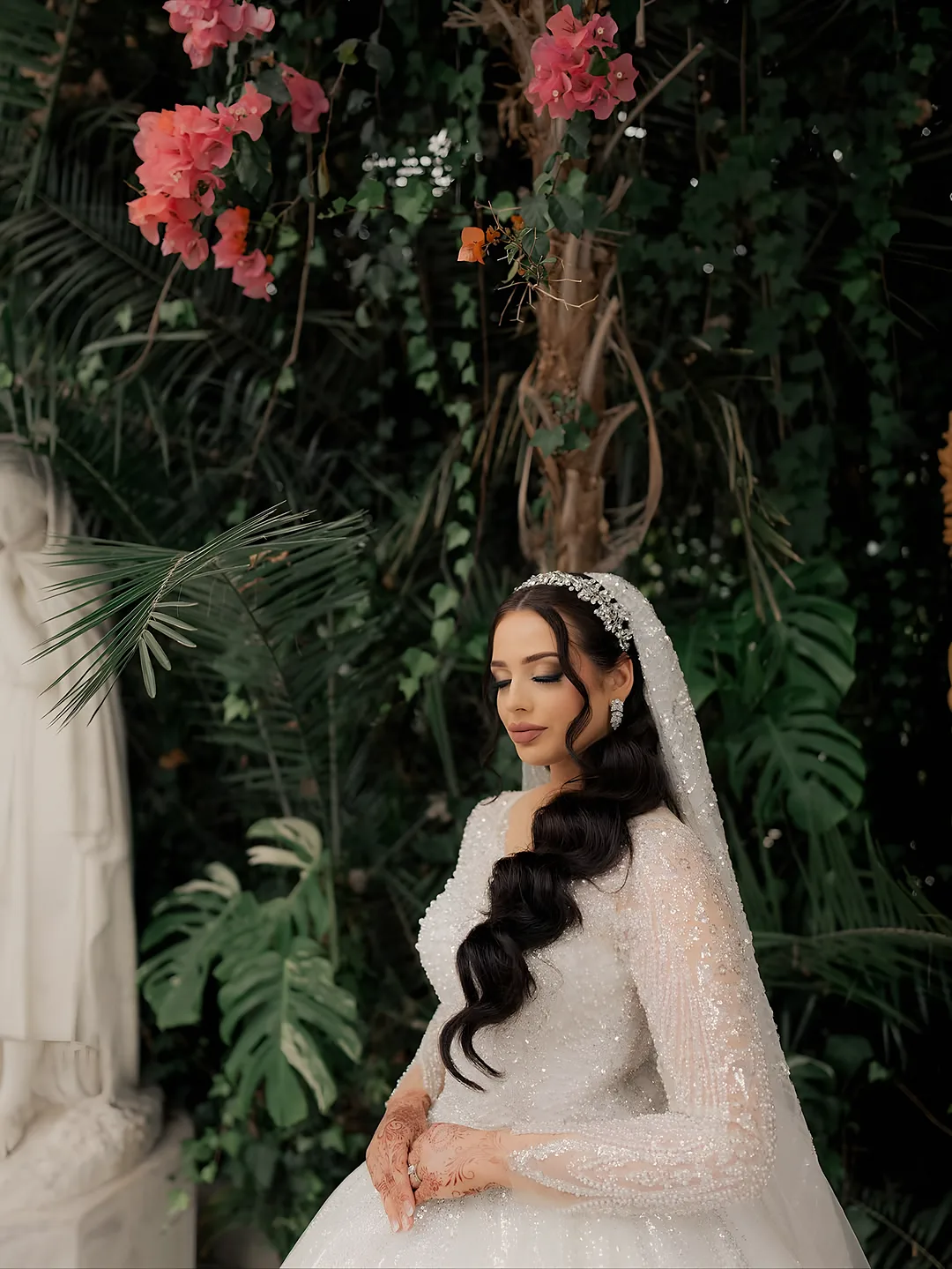 Bride among pink blossoms